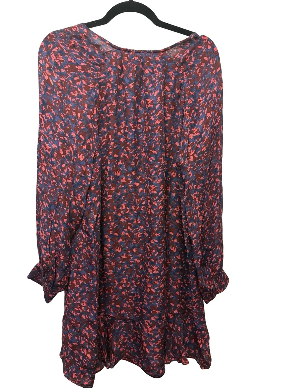 Parker Silk Blend Floral Long Sleeve Ruffle Mini Dress Size L Navy Coral